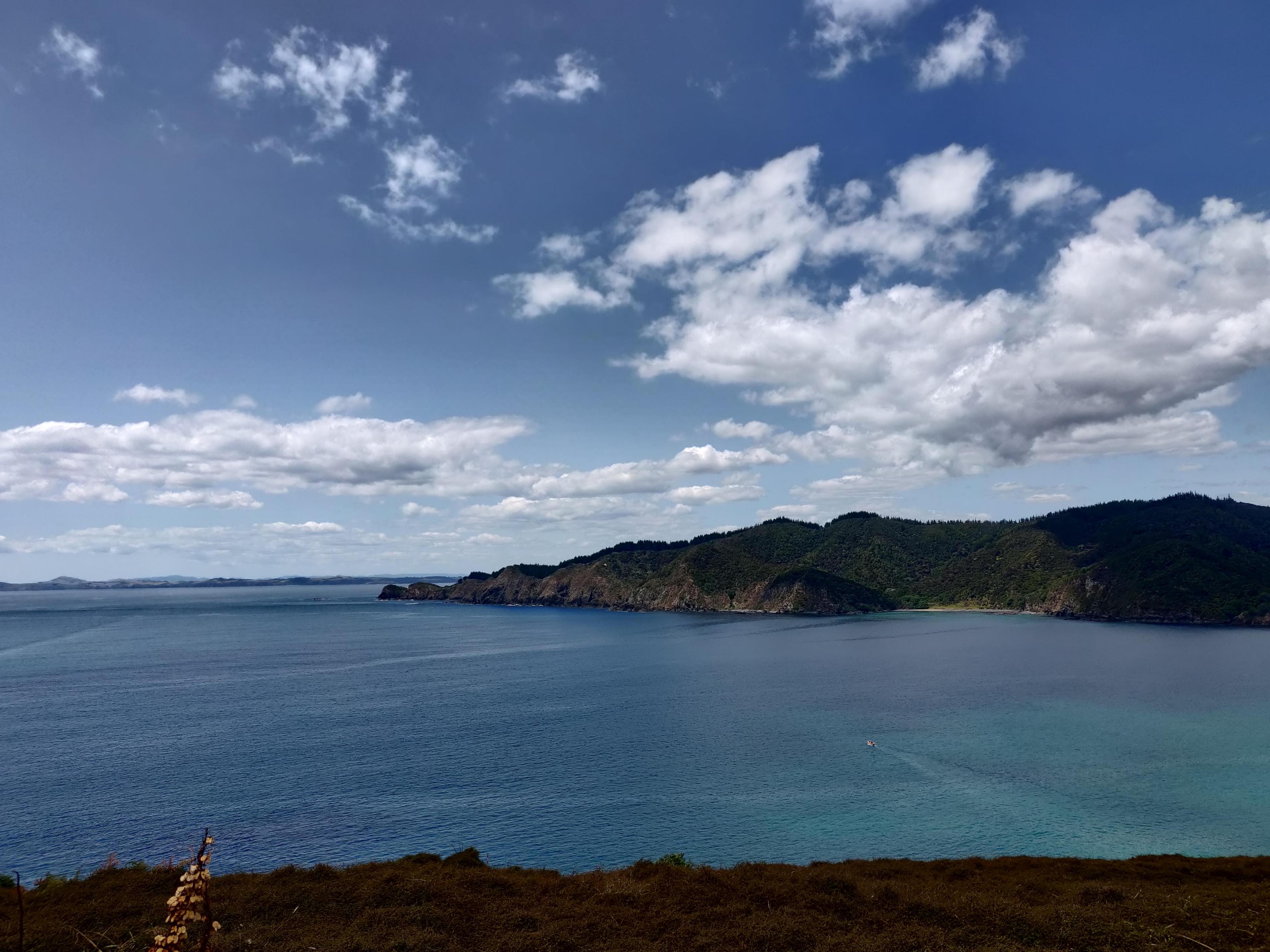 image of the ocean with distant green hills with short red grass in the foreground